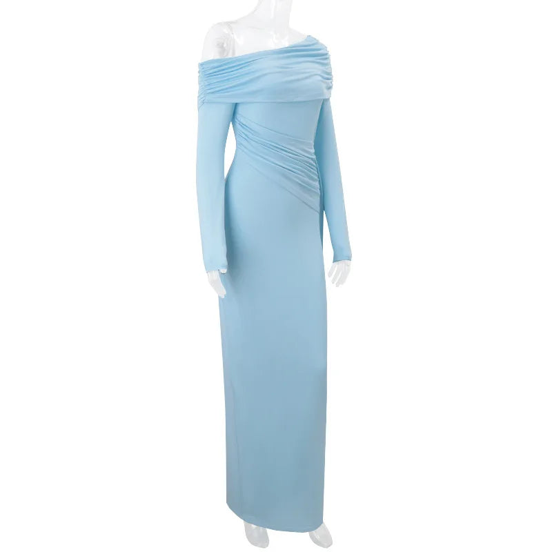 Women's Elegant Asymmetrical Ruched Maxi Dress - Long Sleeve Bodycon Gown