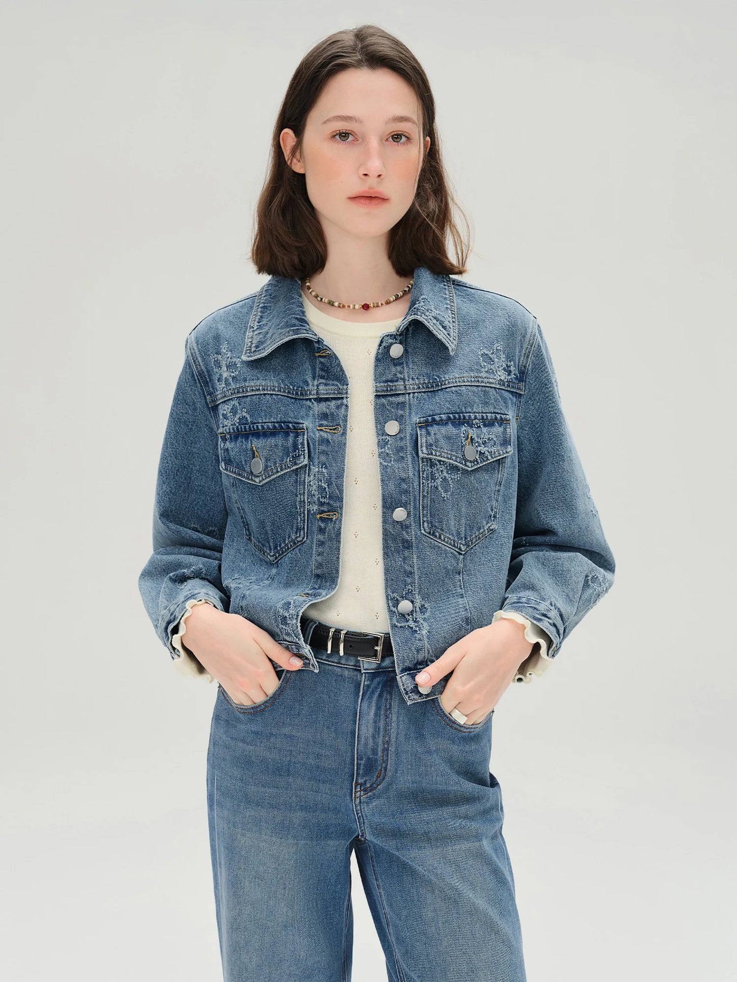 Women's Fringed Denim Jacket & Suspender Skirt Set