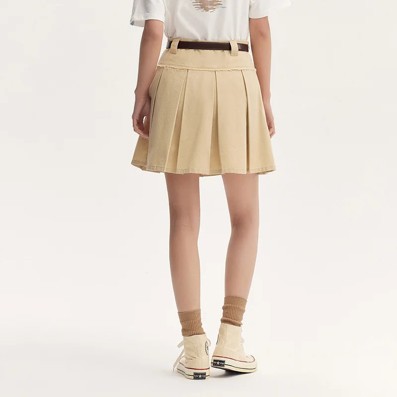 Salt & Sweet Style A-Line Mini Skirt - Summer Edgy Raw Hem Pleated Retro Skirt with Belt