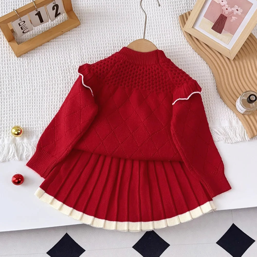 Girl's Diamond Grid Wave Knitted Sweater and Skirt 2-piece Set