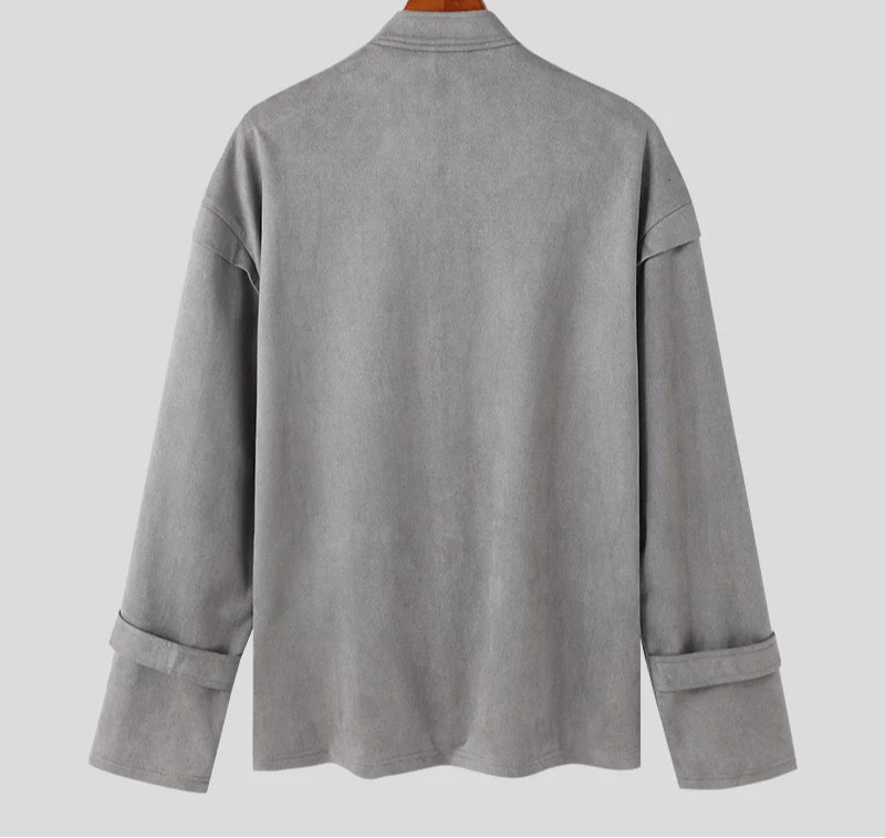 Men's Solid Simple Metal Buckle Design Jacket Coat Long Sleeved Jacket