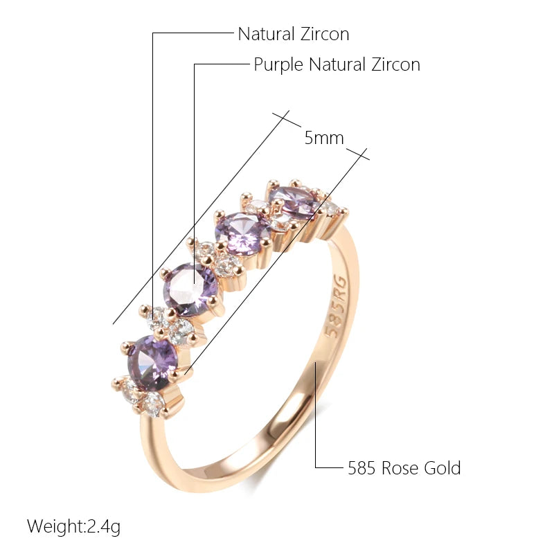 Women 585 Rose Gold Colour Round Matching Wedding Band Sparkling Purple Natural Zircon Ring