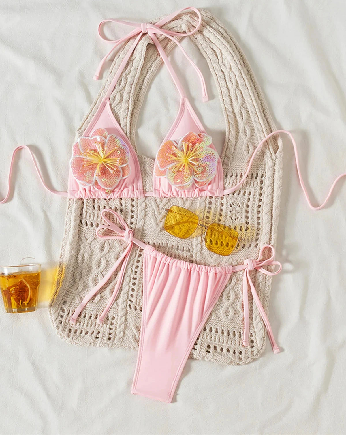 3D Flowers Halter High Leg Bikini Set