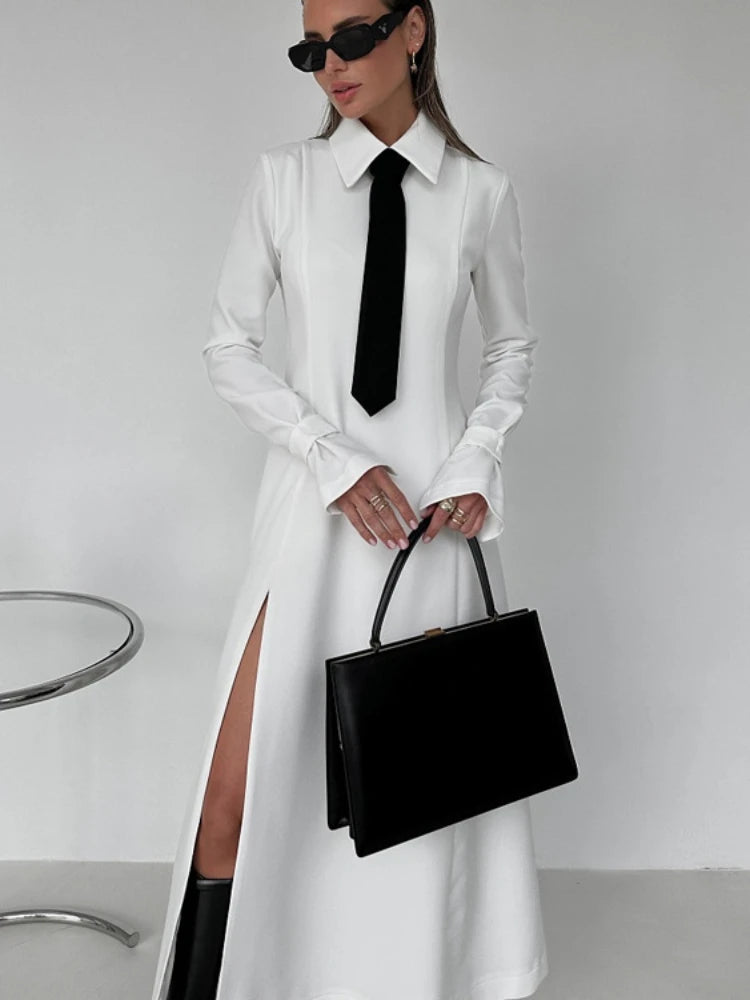 Women's Side Slit Long Turn Collar Tie Midi Loose Slender Dress