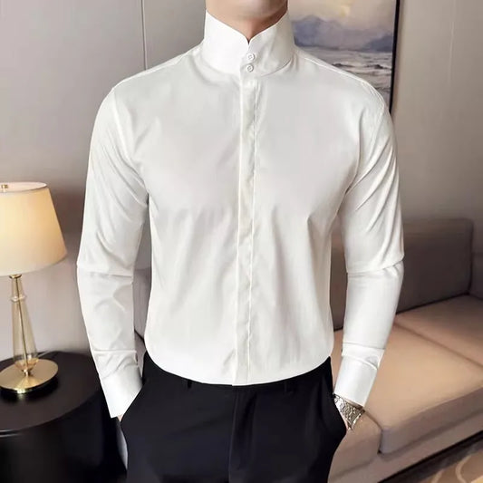 Men's High Collar Shirt - Slim Fit Long Sleeve Stand Collar