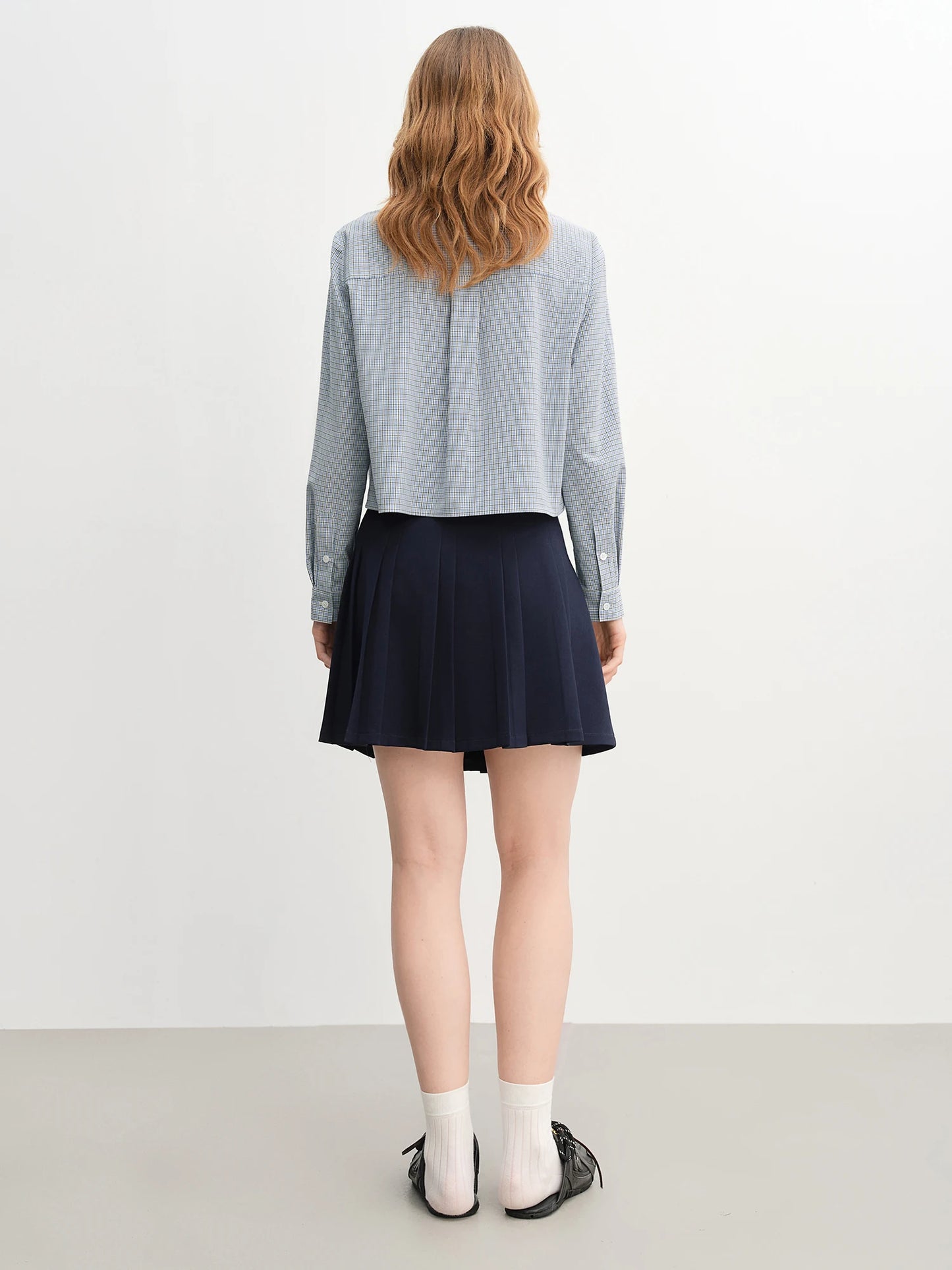 Blue Plaid Shirt & Navy Skirt Set - Long Sleeve Two-Piece