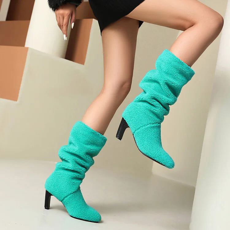 Faux Fur Lined Knee High Boots - 7cm Square Heel Winter Boots