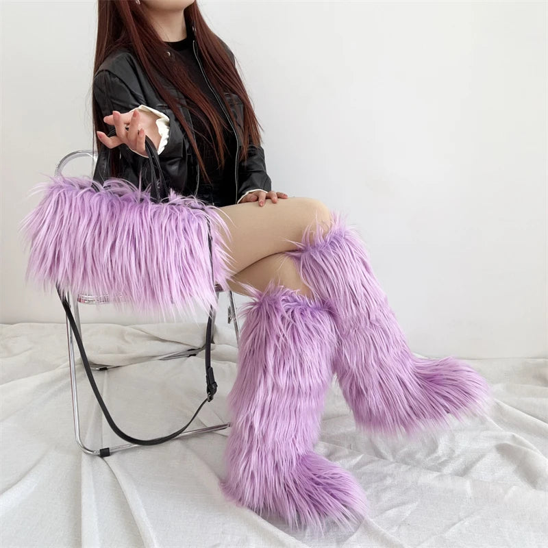 Winter Women Faux Fur Boots And Bag Set - Fluffy Warm Snow Boots Cute Tote Fur Handbag and Platform Plush Boots