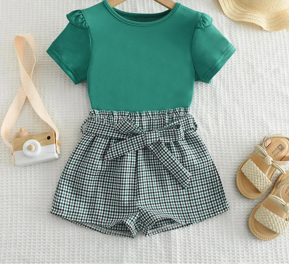 Girls Summer Flying Short Sleeve T-shirt and Bow Plaid Shorts Pants Set