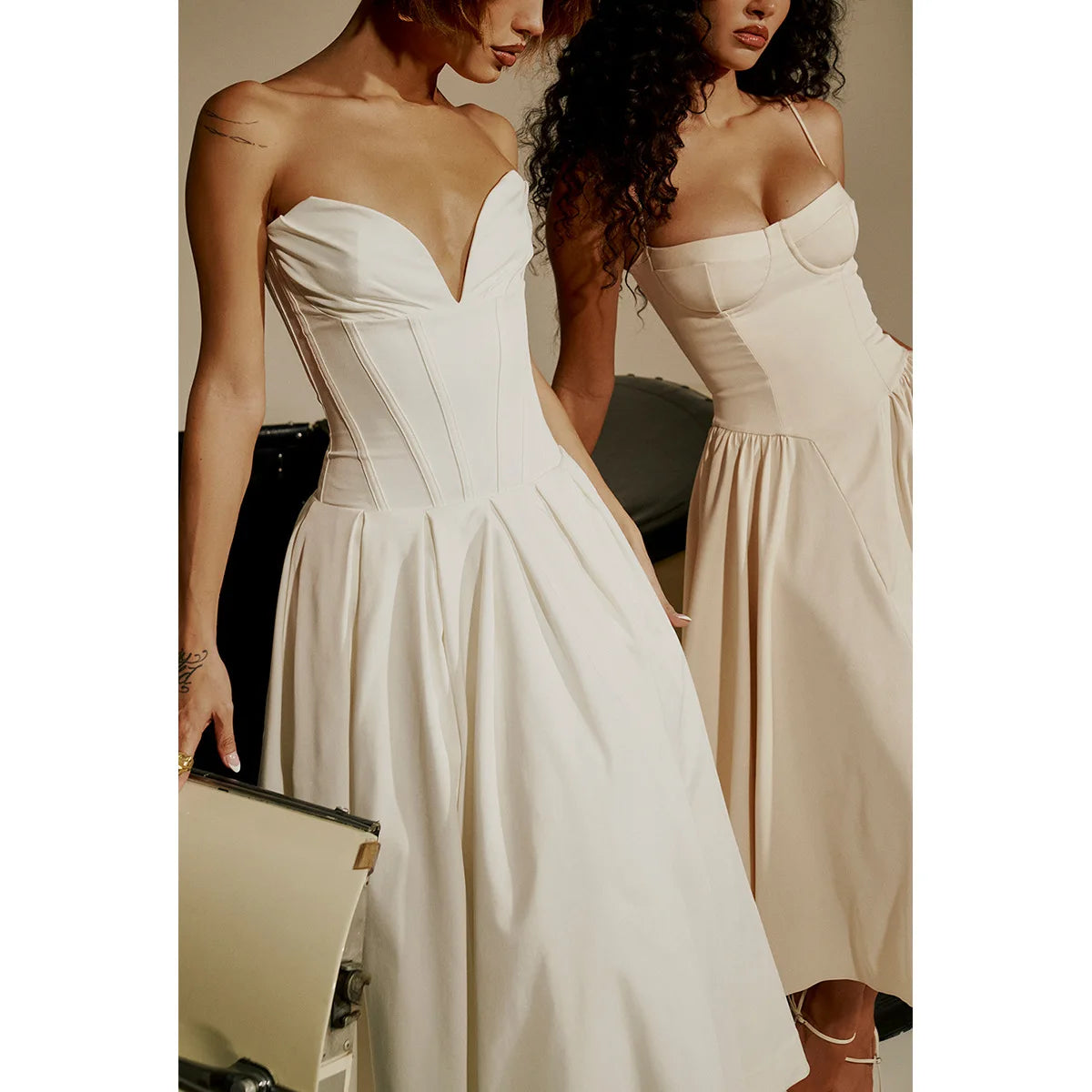 Strapless V Bar Slinky Midi Dress  Outfit - Women Frill Hem Sleeveless Corset Dress