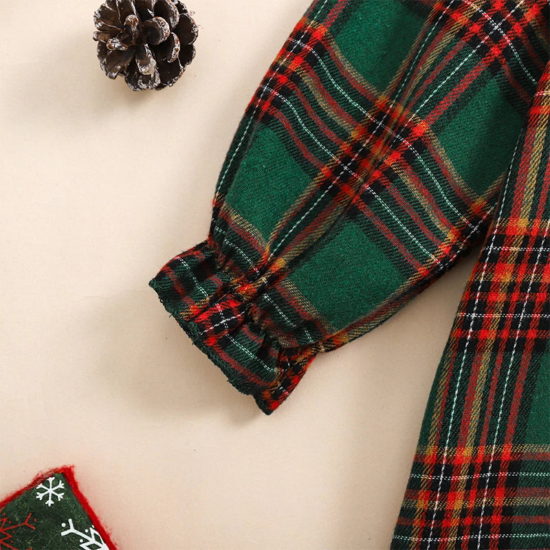 Christmas Santa Embroidery Plaid A-Line Dress - Girls Long Sleeve Festive Dress