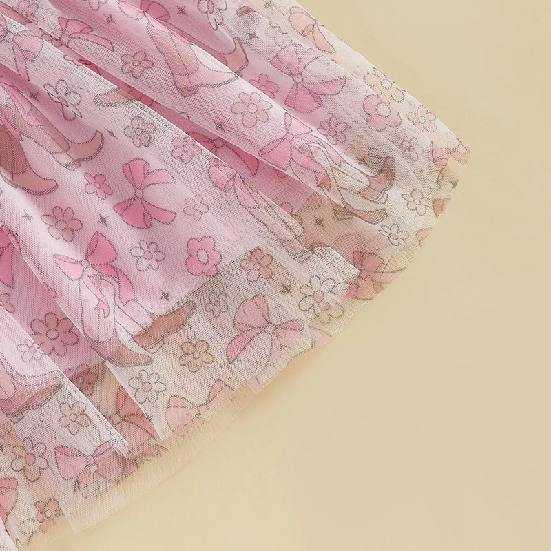 2pcs Kids Girls Summer Clothes Set Short Sleeve Bow Boots Print T Shirt and Tulle Skirt 0-5Y