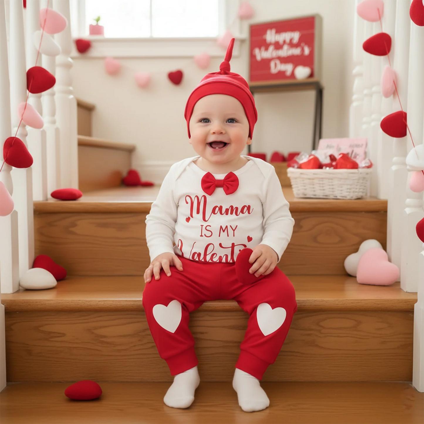 Valentine's Day Baby Boy 3-Piece Outfit Set - Heart Print Romper, Pants & Hat