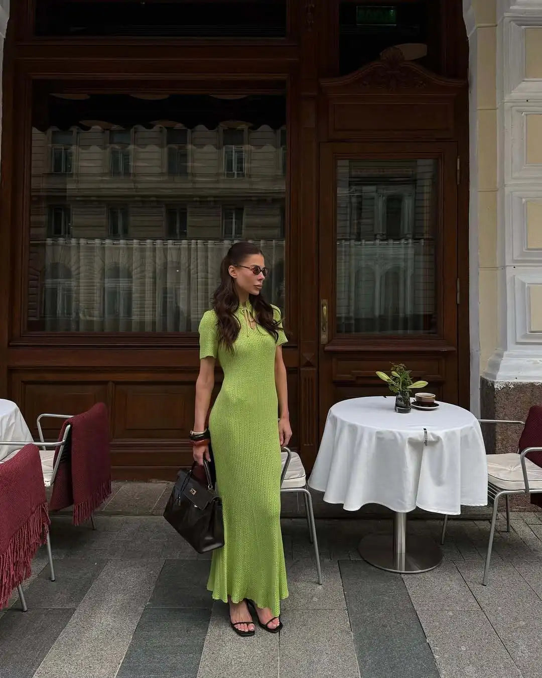Women's Knitted Short Sleeve Maxi Dress - Casual Solid Sweater Bodycon Style