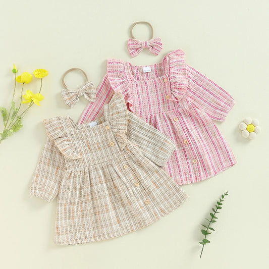 1-5Y Girls Plaid Princess Long Sleeve Square Neck Ruffles Buttons Casual Fall Dress with Headband