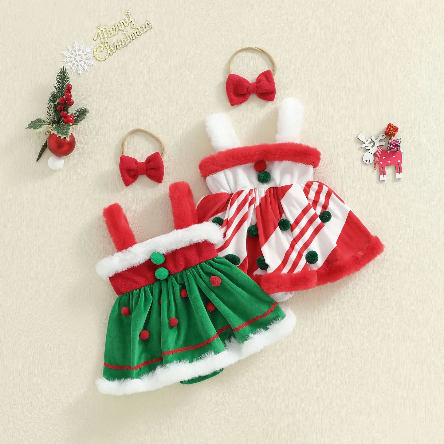 Baby Girls Princess Christmas Romper Dress with Bow Headband - Gingerbread Design