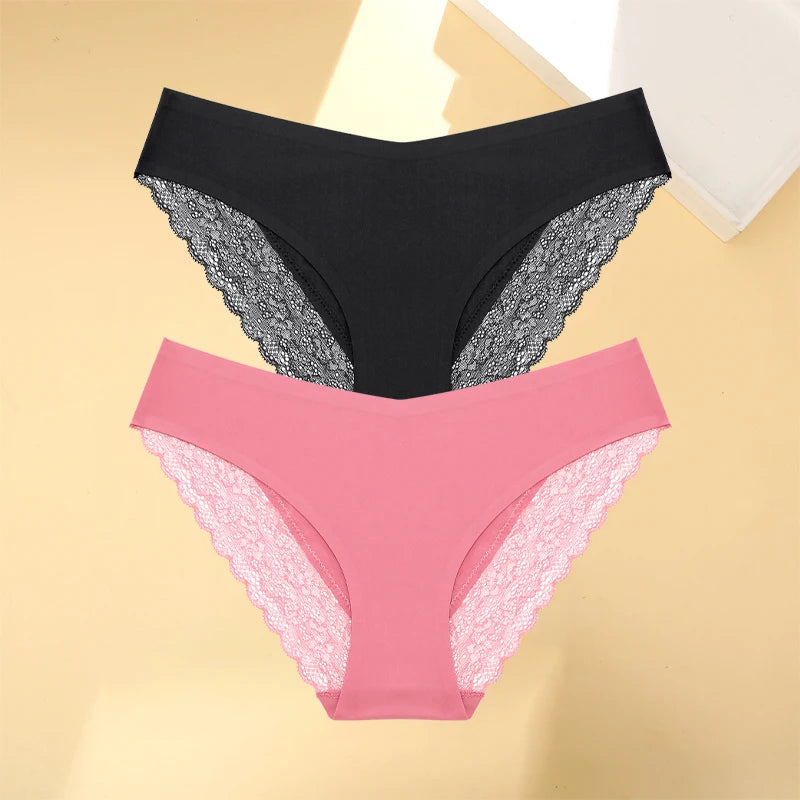 Women's 2Pcs Seamless Stretch Underwear Lace Floral Panties Recycled Materials Breathable Briefs Low Waist Comfort Lingerie