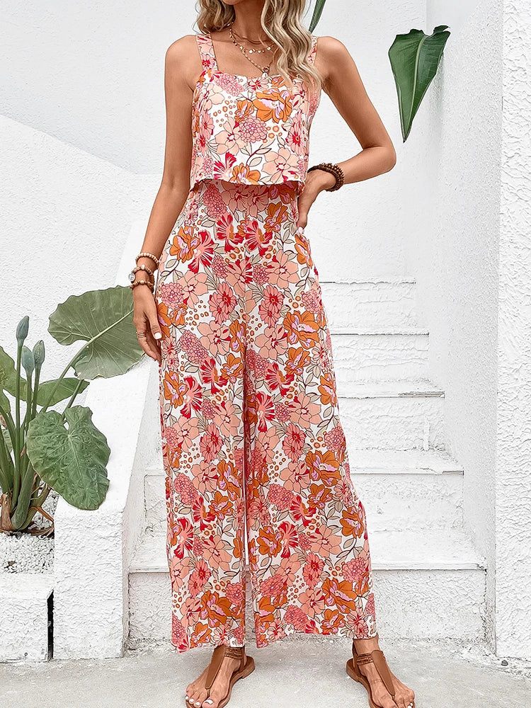 Women Elegant Long Jumpsuit - Backless Wide Leg Jumpsuits Casual Sleeveless Floral Summer Jumpsuit