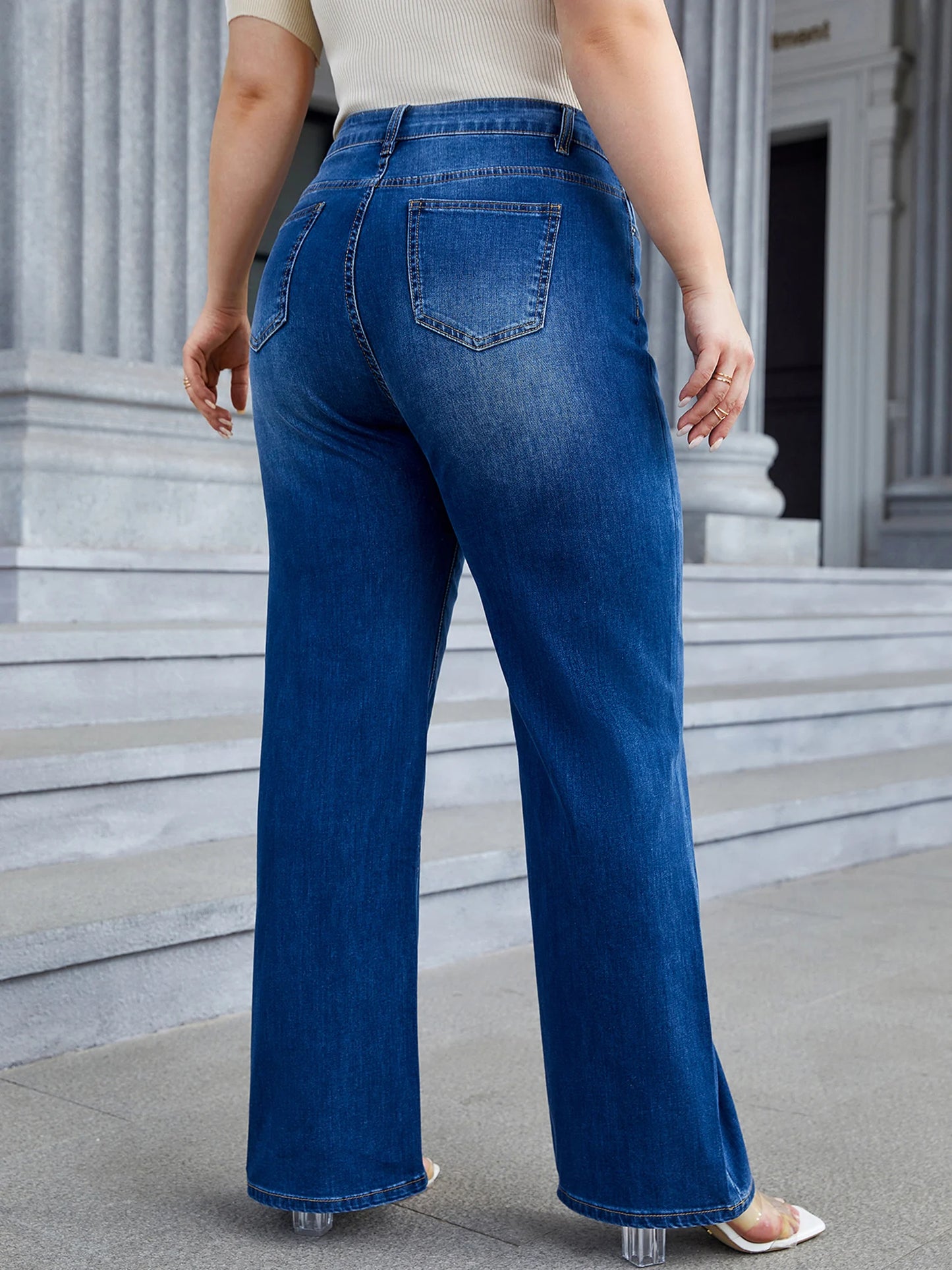 Plus Size Wide Leg Jeans - Women High Waist High Stretchy Straight Denim Jeans