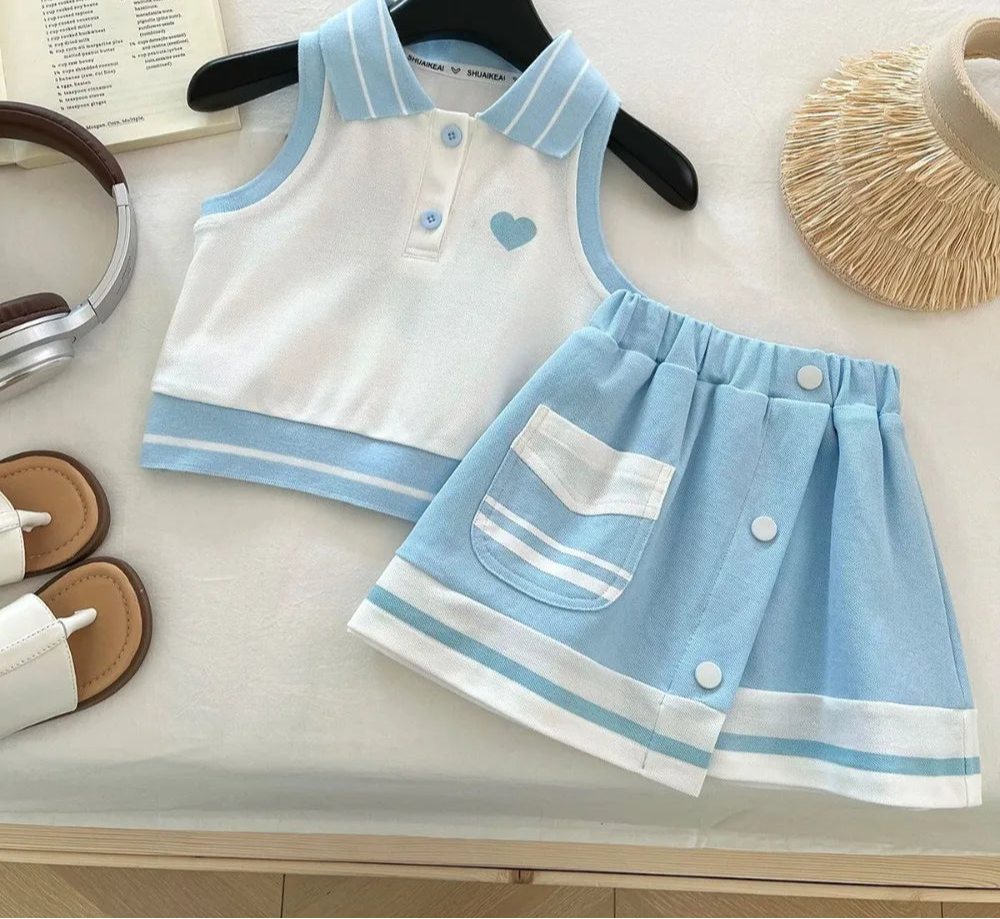 Girl's  Casual Sportswear Sleeveless Polo Shirt and Skirt College Style Easter Children's Sets