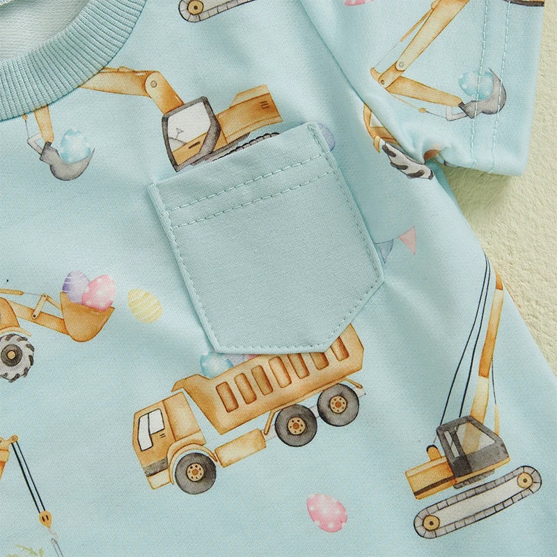 Boys' Excavator Print Summer Outfit Set - Short Sleeve Top with Elastic Waist Shorts