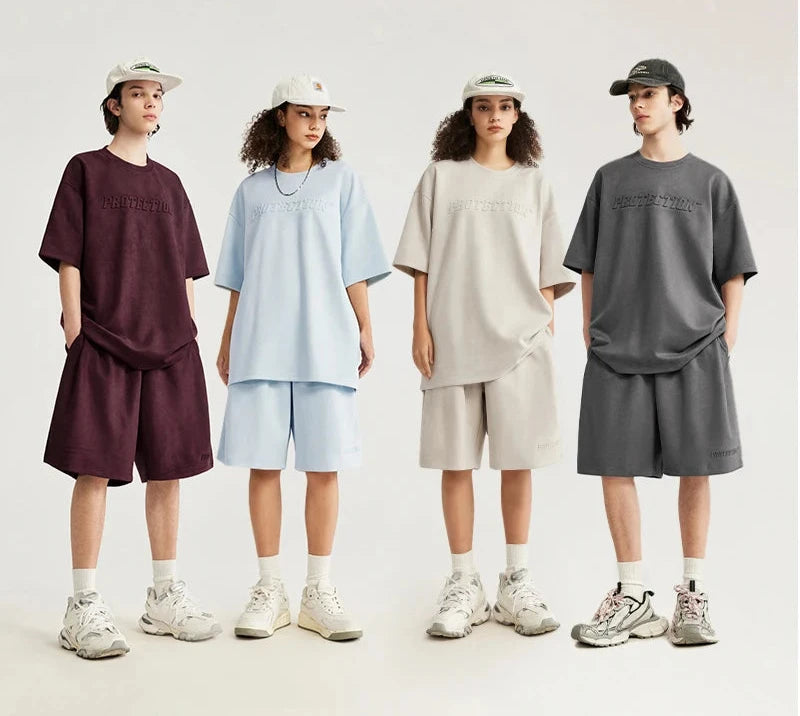 Unisex Oversized Suede Fabric Embossed T-shirts and Shorts Set