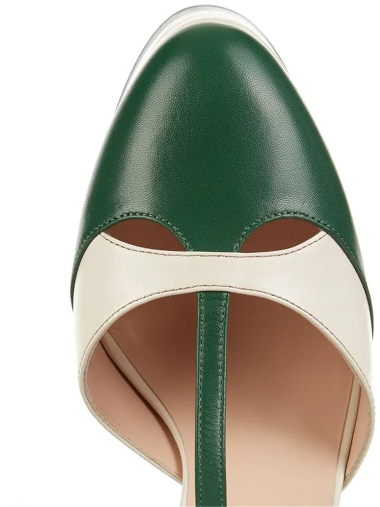 Women's Leather Platform Sandals - Wedge Heel Rivet T-Strap Sandals