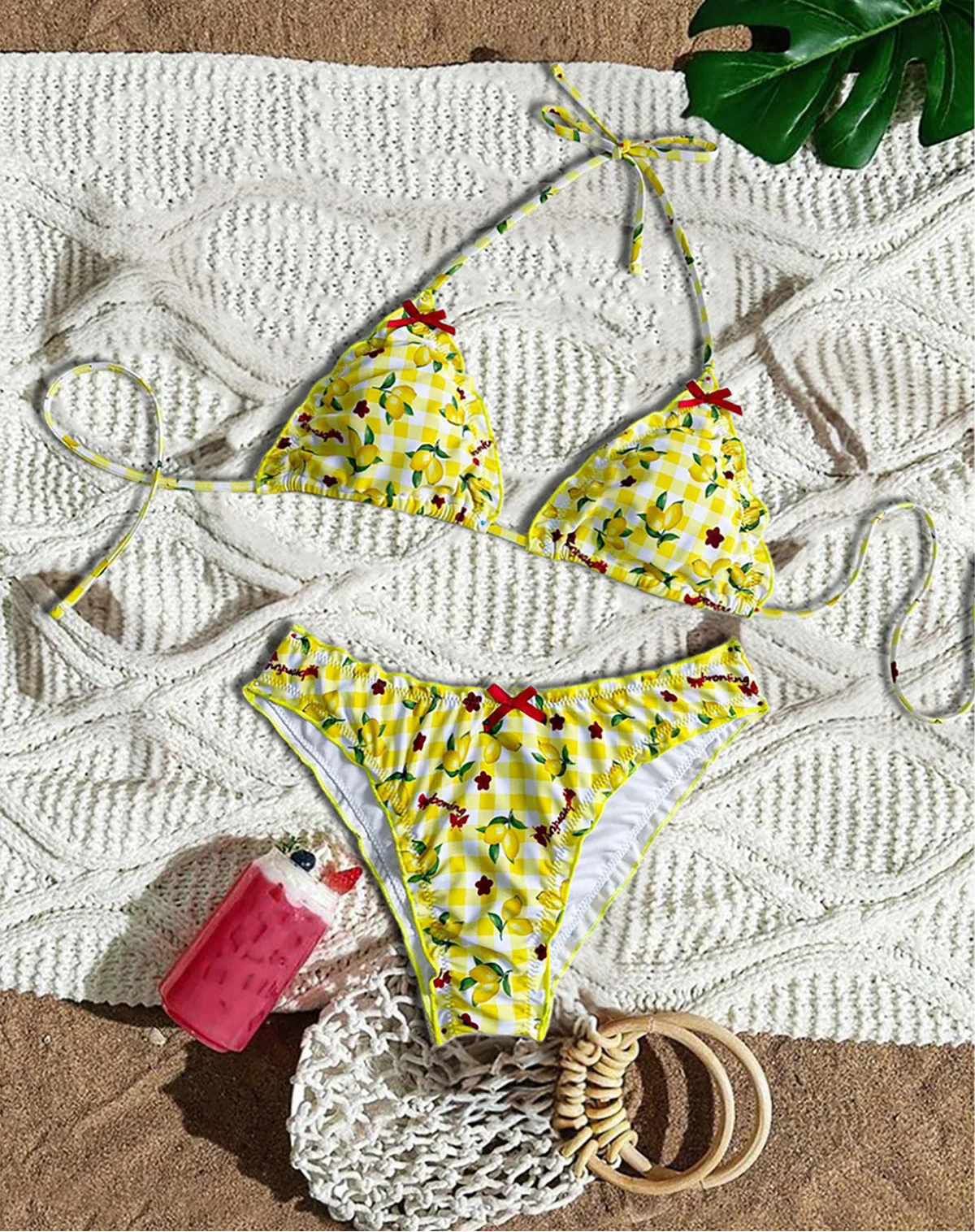 Lemon Print Halter Bikini Set