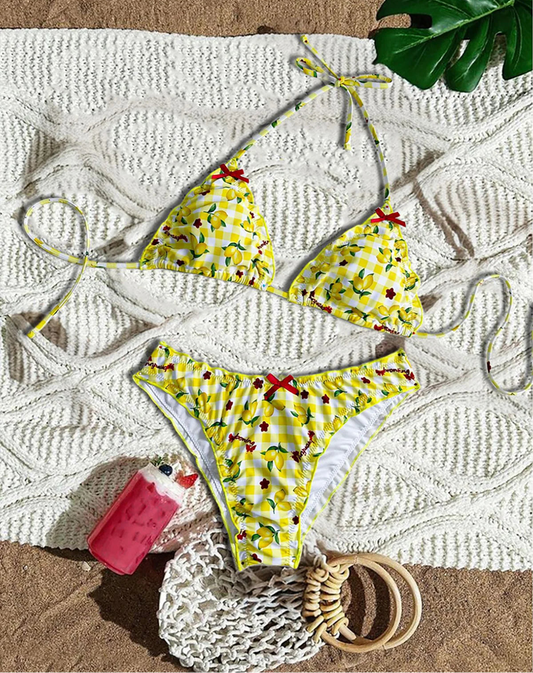 Lemon Print Halter Bikini Set