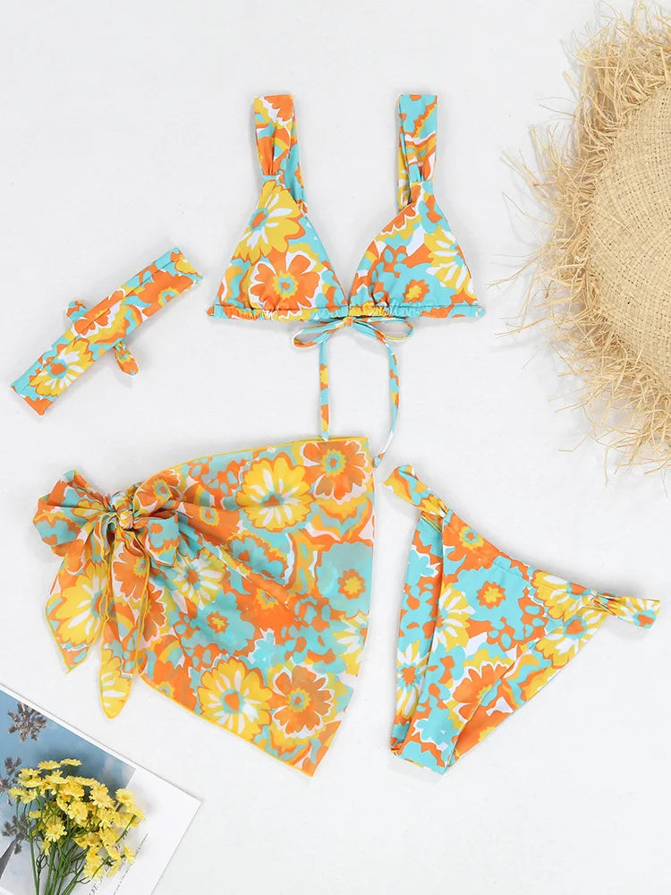 Women's 4 Pieces Set Thong Swimwear Floral Print Bikini Set With Skirt Cover Up Beachwear