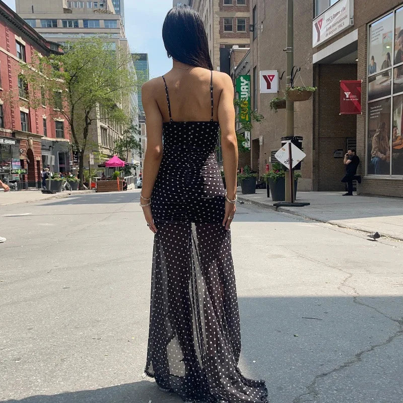 Women's Summer Boho Polka Dot Split Dress - V-Neck Backless Holiday Dress