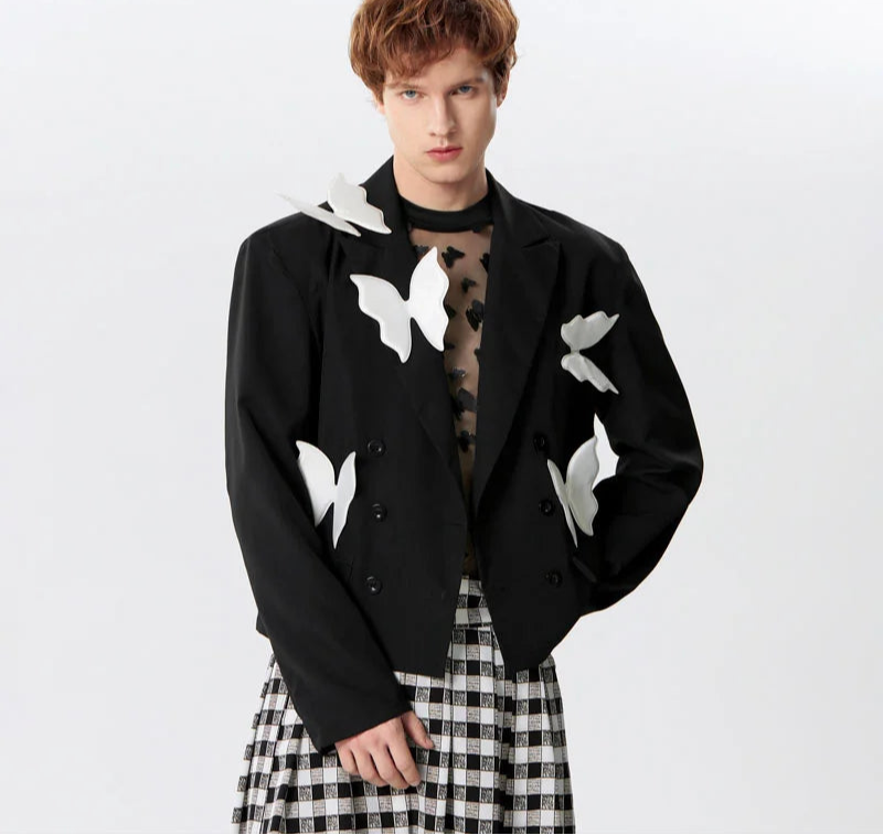 Men's Blazer Patchwork Lapel Long Sleeve Double Breasted Loose Jacket