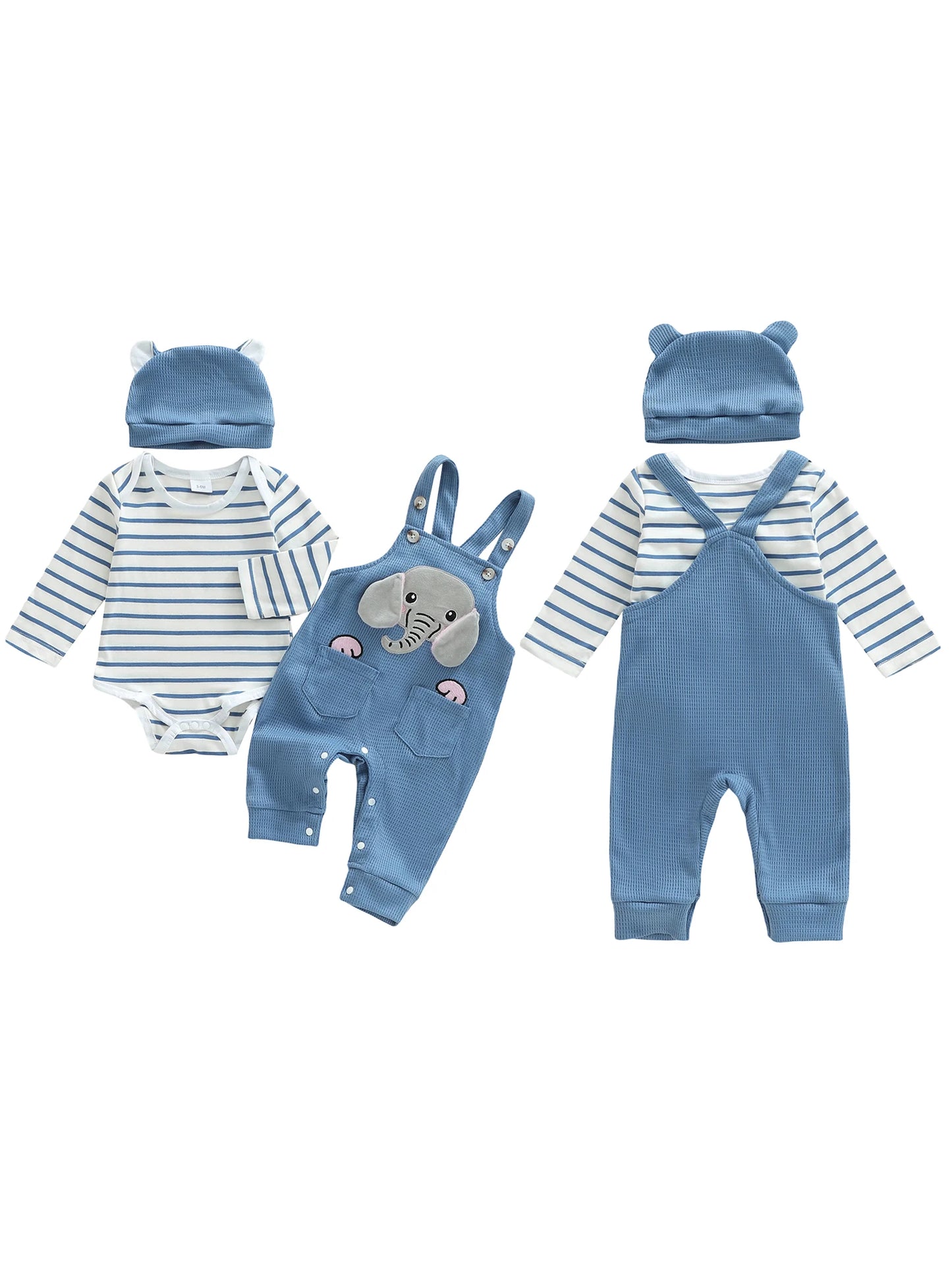Baby Boys 3-Piece Outfit Set - Striped Romper, Elephant Suspender Pants & Hat