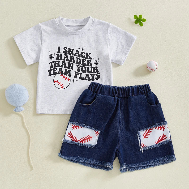 0-4Y Children, Kids Boys Summer Clothes Sets Letter Baseball Print Short Sleeve T-Shirt with Denim Shorts Outfit