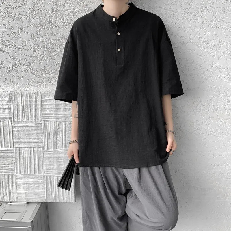Men's Summer Henry Collar Cotton Linen  Loose Breathable Casual Short Sleeve Shirt