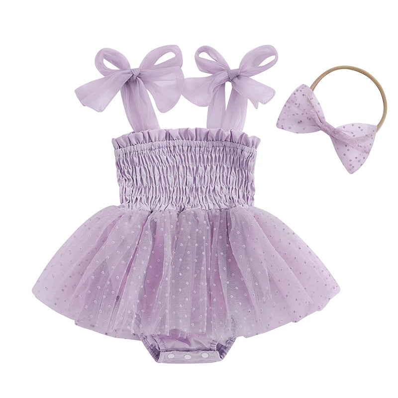Baby Girls Princess Romper Dress Set - Sleeveless Dot Mesh Tulle with Hairband