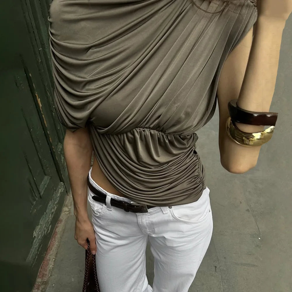 Women's Ruched Asymmetrical Sleeveless Top - Chic Summer T-Shirt