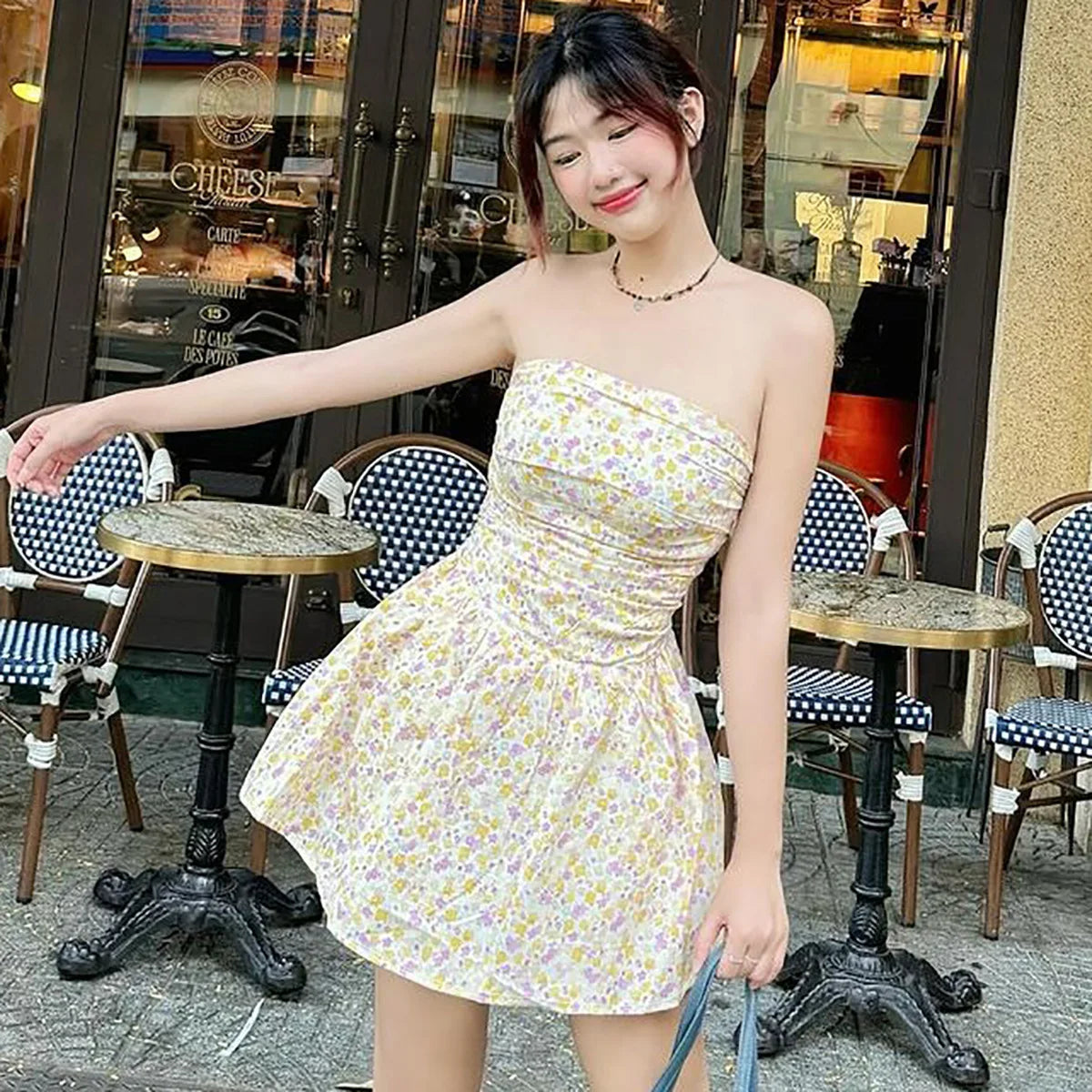 Women's One-Shoulder Slim Strapless Print Dress - High Waisted Sleeveless Backless Ruched Dress