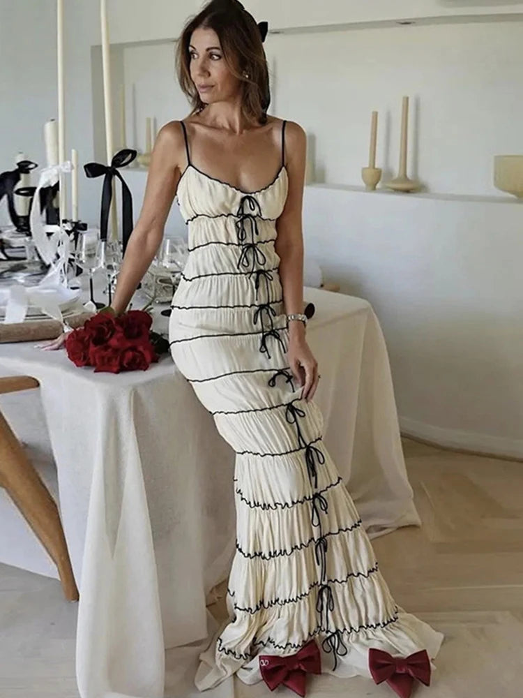 Women's Pleated Lace Up Spaghetti Strap Backless Camisole Maxi Dress