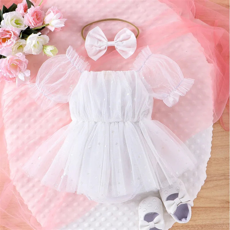 0-24M Princess Baby Girls Summer Romper Dress Short Sleeve Star Print Bowknot Tulle Patchwork Jumpsuits with Headband