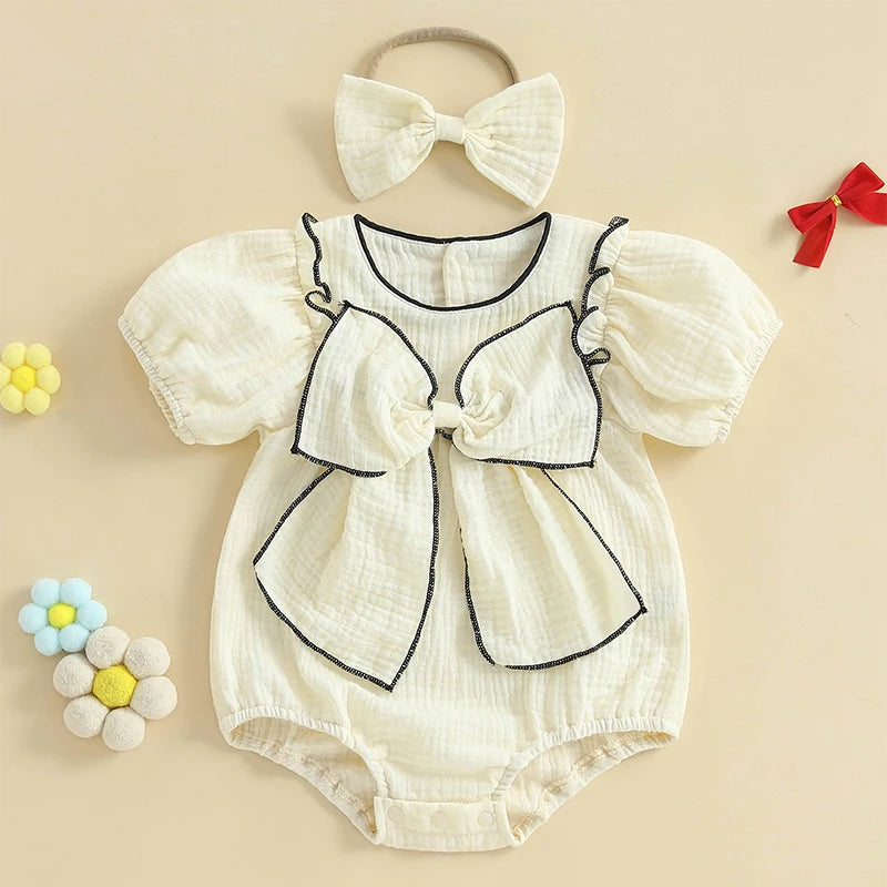 Baby Girls Bow Bubble Romper with Headband - Short Sleeve Ruffled Jumpsuit