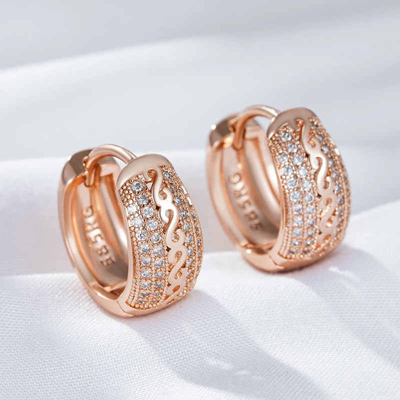 Women's Hollow Pattern  Natural Zircon  585 Rose Gold Color Hoop Earrings