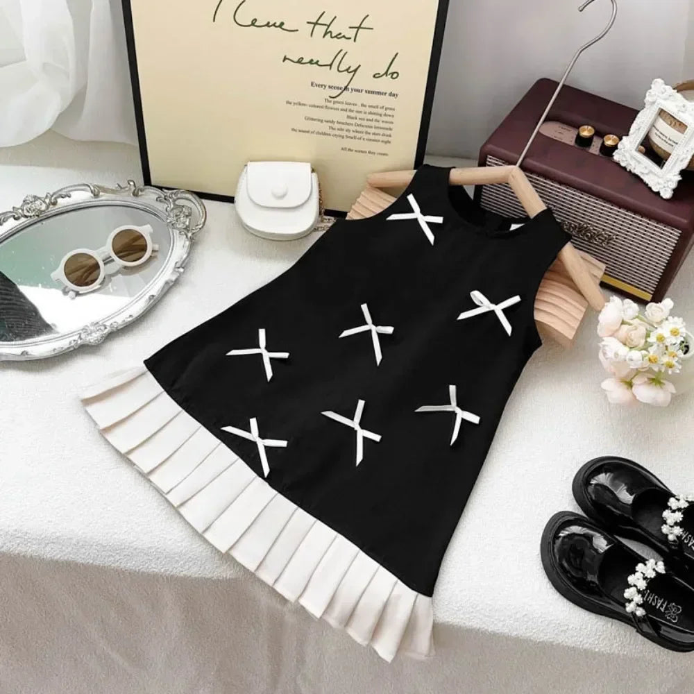 Girl's Summer Casual Round Neck Bow Sleeveless Princess Dress