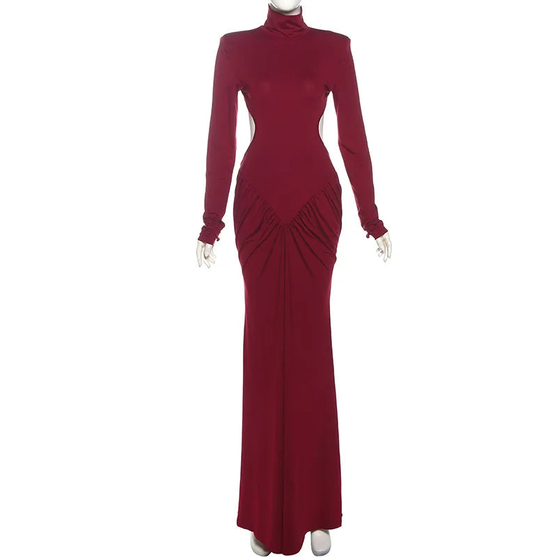 Women's Ruched Long Sleeve Maxi Dress - Elegant Backless Evening Gown