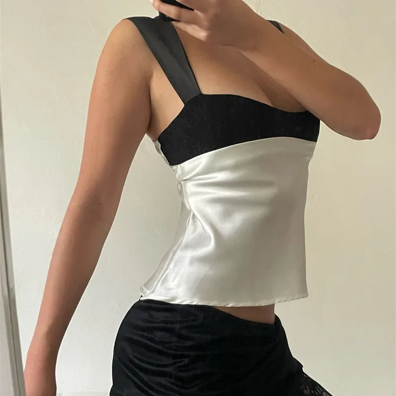 Women's Satin Plunge Crop Top  - Panelled Backless Cropped Vest Top