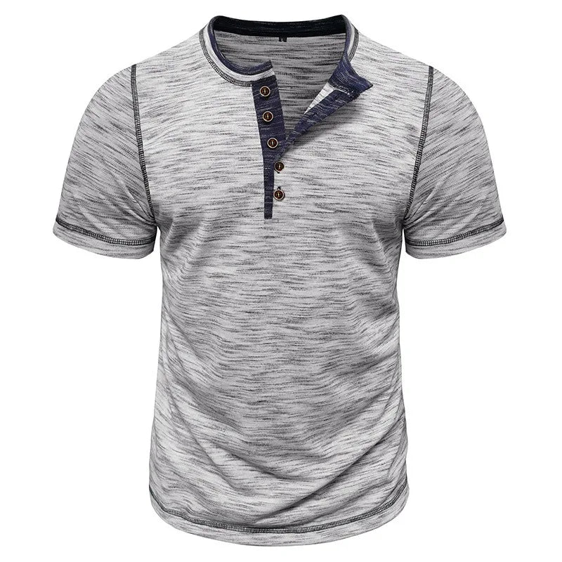 Men's Summer Henry Collar Patchwork Short Sleeve Casual Breathable Pullover T-Shirt