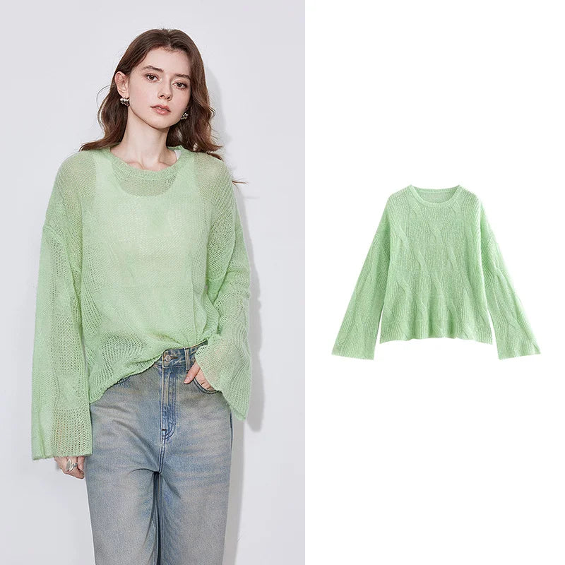 Women's Knitted Thin Hairy Soft Glutinous Green Grass Pullover Sweater