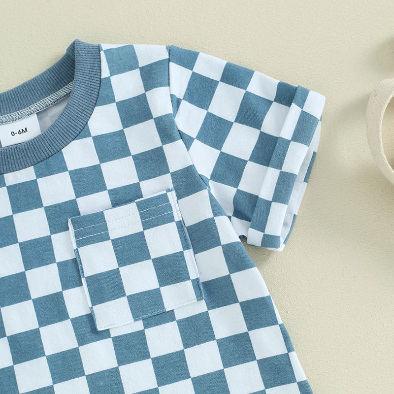 2pcs Toddler Baby Boys Clothes Set 0-3Y Short Sleeve Plaid Print Pocket T-shirt with Shorts Summer Outfit