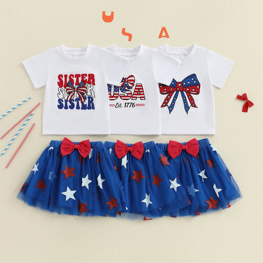 0-4Y Summer Kids Girls USA Clothes Set Short Sleeve Letter Bow Embroidery T Shirts Star Tulle Skirt