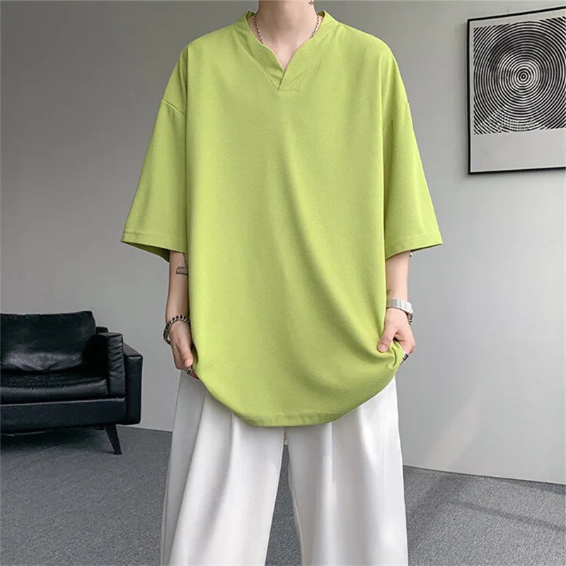 Men's Summer Three Quarter Collar  V-Neck Loose  T-shirt